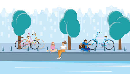 Vector illustration of people in city Amsterdamのイラスト素材