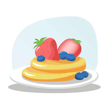 Vector illustration of american pancakes with strawberry and blueberry on white plate. Healthy breakfast conceptのイラスト素材