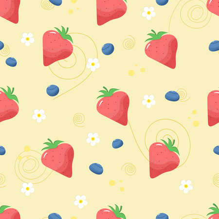 Vector illustration cute colorful berry pattern with strawberry, blueberry and flowers on yellow background.のイラスト素材