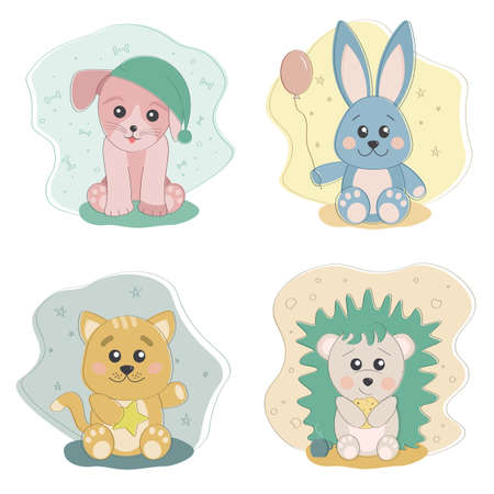 Set of cute pets, rabbit, cat, dog and hedgehog. Outline colorful drawing little beby animals collection. Concept vector illustration in cartoon style for nursery, characters for children.のイラスト素材