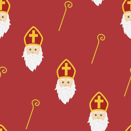 Red background for Saint Nicholas day wrapping paper concept. Seamless vector illustration pattern of Dutch holiday Sinterklaas holidays.のイラスト素材