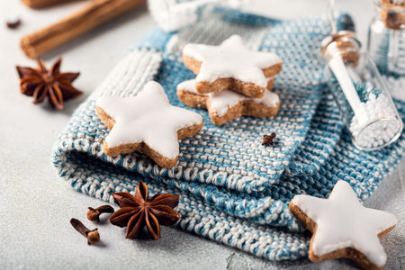 Zimtsterne, homemade german christmas cookie. Close up of gingerbread cookies. Winter holidays...