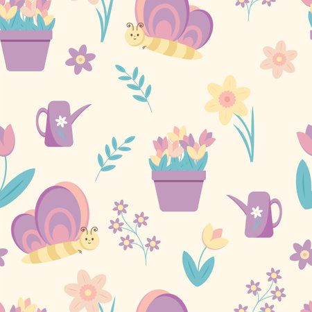 Springtime seamless pattern for Easter with tulips, daffodils and narcissus flowers, butterfly, watering can over yellow background. Vector illustration.のイラスト素材