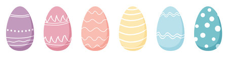 Set of Happy Easter eggs with different texture on a white background. Spring holiday clipart. Vector Illustration bannerのイラスト素材