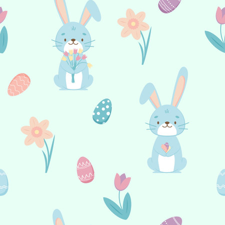 Seamless pattern with Easter Bunny rabbit, eggs and tulips flowers in the basket over blue...