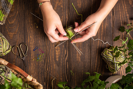 Flat lay with female hands knitting green socks in progress. Cozy homely atmosphere with wooden table and house plants, copy space, overhead shot.の写真素材