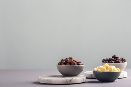 Ingredients for cooking hot chocolate. White, milk and dark chocolate chips. Over gray background, copy spaceの写真素材