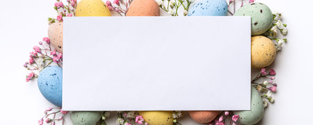 Easter banner with Easter quail eggs, flowers, paper blank over white background. Spring holidays...