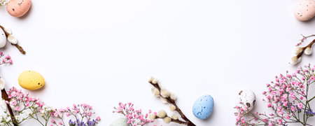 Beautiful Easter composition with spring flowers and colorful quail eggs over white background....