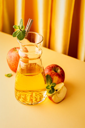Carafe of fresh apple juice and organic apples on yellow background. Healthy drink concept with copy spaceの写真素材