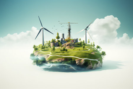 Abstract flying island with wind turbines and building under construction. Green energy concept with copy spaceの素材