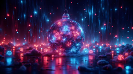 Vibrant Christmas ornament surrounded by glowing lights and soft textures, creating a festive and enchanting ambianceの素材