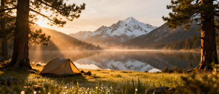 Beautiful camping scene by serene lake, surrounded by towering mountains and lush greenery, illuminated by warm sunrise lightの素材