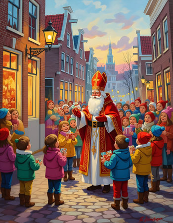 Colorful winter St. Nicholas day holiday scene features festive characters celebrating Sinterklaas in a charming street filled with joyful children and decorationsの素材