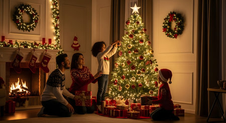 Family Decorating Christmas Tree. High-quality stock image of family decorating christmas tree, festive and creative Christmas theme, perfect for holiday projects, marketing, and seasonal designs.の素材