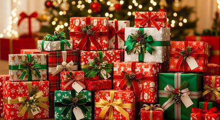 Pile of Wrapped Christmas Presents. High-quality stock image of sparkling christmas ornaments, festive and creative Christmas theme, perfect for holiday projects, marketing, and seasonal designs.の素材