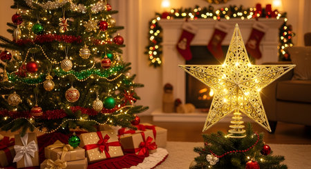 Golden Star Tree Topper. High-quality stock image of pile of wrapped christmas presents, festive and creative Christmas theme, perfect for holiday projects, marketing, and seasonal designs.の素材