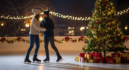 Couple Ice-Skating at Night. High-quality stock image of parents reading christmas story, festive and creative Christmas theme, perfect for holiday projects, marketing, and seasonal designs.の素材