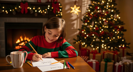 Child Writing Letter to Santa. High-quality stock image of child writing letter to santa, festive and creative Christmas theme, perfect for holiday projects, marketing, and seasonal designs.の素材
