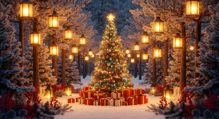 Snowy Pine Forest with Lanterns. High-quality stock image of handmade christmas garland, festive and creative Christmas theme, perfect for holiday projects, marketing, and seasonal designs.の素材