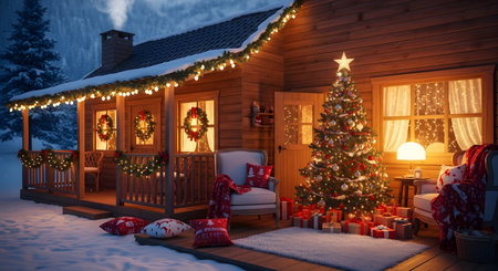 Wooden Cabin in Snowy Mountains. High-quality stock image of snowy pine forest with lanterns, festive and creative Christmas theme, perfect for holiday projects, marketing, and seasonal designs.の素材
