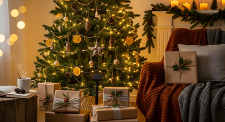 Christmas tree with gifts in living room at home. Christmas and New Year conceptの素材