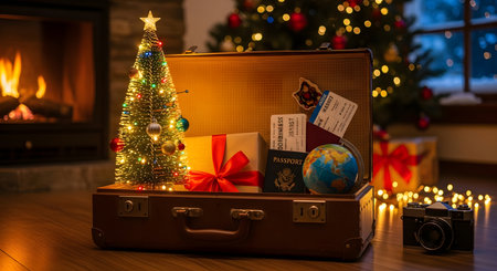 High-quality stock image of holiday office desk with decorations, festive and creative Christmas theme, perfect for holiday projects, marketing, and seasonal designs.の素材