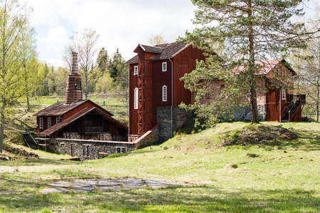 Detail from Klenshyttan and surrounding area  Klenshyttan is a typical Swedish peasant iron makers blast furnace founded in the beginning of the 17th century  Converted over the years up until late 19th century  The building with the large stack is the roのeditorial素材