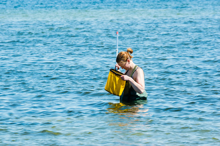Kalmar, Sweden - May 26, 2014: Female in water with ring net examining the Baltic Sea for ecology education.のeditorial素材