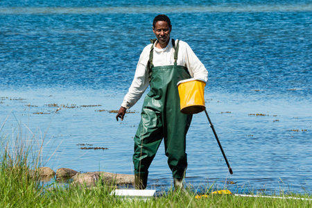 Kalmar, Sweden - May 26, 2014: Male in water with ring net finding animals.