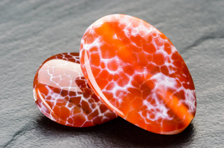 Pair of brightly orange twisted oval beads of agate on black stone.