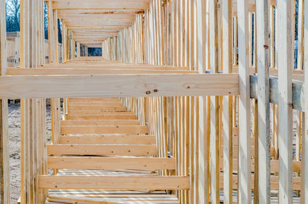 Wooden cages to house fire wood on pallets. Several pallets lined up to form perspectiv view.の写真素材
