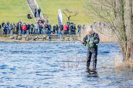 MORRUM, SWEDEN - MARCH 28, 2015: Unknown person fly fishing for trout or salmon on premiere day. Line has tangled and man tries to untangle it. Standing in water. Spectators in background.のeditorial素材