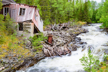 Ruin after a telegraph or telephone house near a river in the wilderness. Nature is reclaiming its place.の写真素材