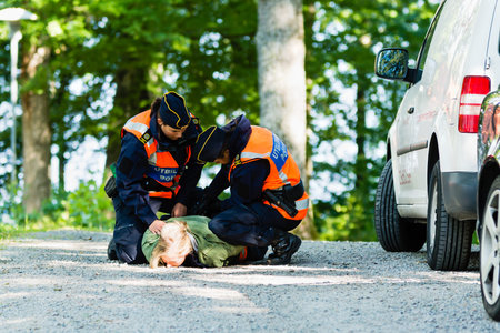 Vaxjo, Sweden - September 09, 2015: Police education. Outdoor weapons and apprehension training in...