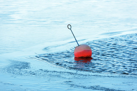 A red mooring buoy floats in some open water with ice closing in or melting.