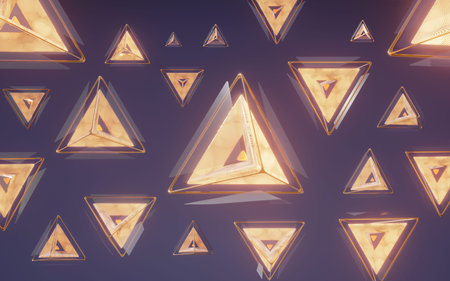 Group of pyramids with a striped texture made of gold and glass on a dark blue background