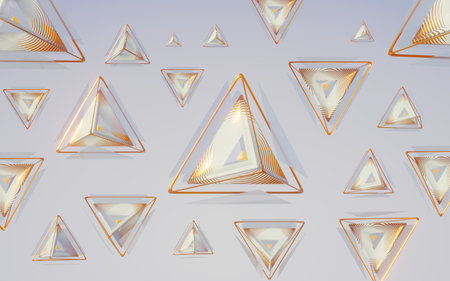Triangular pyromidal shapes of different sizes on a light background with glass and gold flecks. 3D illustrationの写真素材