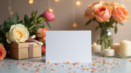 Minimalist Greeting Card with Space for Text, Surrounded by Elegant Roses, Gift, and Candleの素材