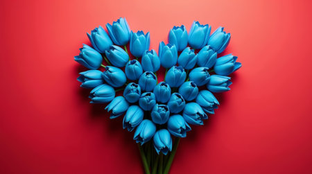 A Large bouquet of blue tulips in heart shape with red empty space aroundの素材