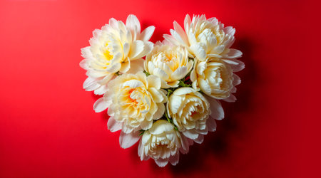 A Large bouquet of white peonies in heart shape with red empty space aroundの素材