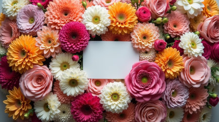 A lot of various flowers with white blank greeting card and free space for text, top viewの素材