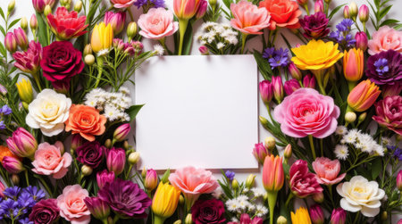 A lot of various flowers with white blank greeting card and free space for text, top viewの素材