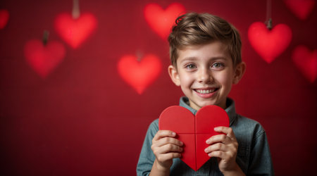 Romantic vibes: boy with a gift box in a glowing red sceneの素材