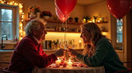 European mature couple in love having dinner with a glass of wine. The room is festively decorated with lights, flowers and heart-shaped balloons. The atmosphere is subdued, warm and cozy.の素材