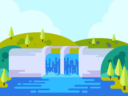 Front view of hydro power plant building with beautiful landscape, dam with opened water gate, water flowing from dam, vector illustration, flat style.のイラスト素材