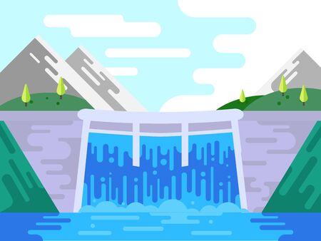 hydro power plant building infrastructure, front view of dam with opened water gate, water flowing/streaming from dam with beautiful view of landscape, vector illustration, flat style.のイラスト素材
