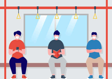 subway train car interior with commuting passengers wearing mask implement physical distancing during covid 19 outbreak cartoon vector illustrationのイラスト素材
