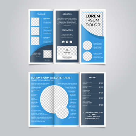 Abstract tri fold brochure template vector with price table, blue color, in a4 paper size. Creative concept of folded brochure designのイラスト素材