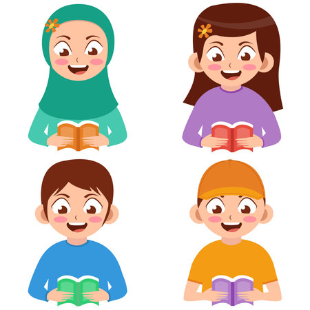 kids with various genders reading a book, cartoon vector illustrationのイラスト素材